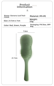 Detail showing dimensions of Morandi green leaf-shaped hairbrush made of PP and PE
