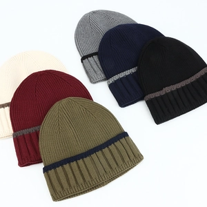 Warm ribbed knit beanies with contrast stripes available in six classic solid colors