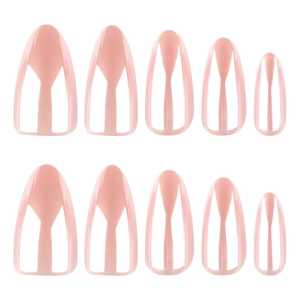 Glossy nude pink almond press-on nails with shiny finish in 10-piece set