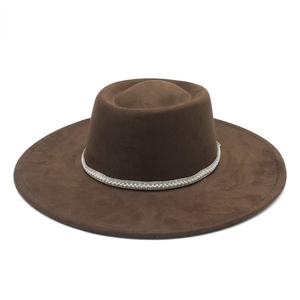 Deep brown suede wide brim fedora with pearl band decoration on minimalist flat crown