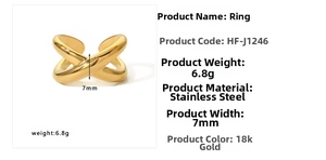 Detail view of 18k gold plated stainless steel cross ring showing 7mm width and 6.8g weight