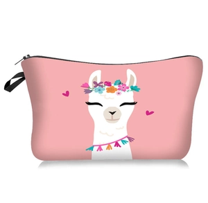 Detailed view of pink alpaca printed makeup bag with black zipper and carry strap