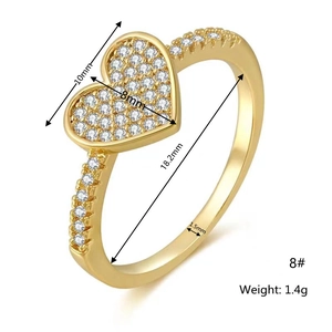 Detailed dimensions of gold heart ring with zircons showing size 8 and 1.4g weight