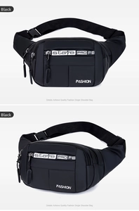 Close-up of waterproof black waist bag showing multiple zippers and durable buckle