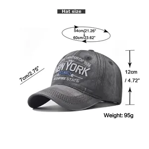 Detailed size guide for New York vintage washed baseball cap with embroidery details