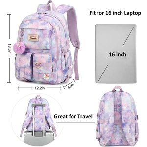 Detailed multi-view of tie-dye backpack with 16-inch laptop compartment and luggage strap
