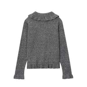 Gilet en maille gris foncé pour femme avec bords à volants et col claudine chic