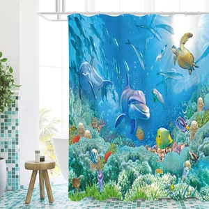 Detailed 3D underwater sea world curtain with dolphins, sea turtles, and colorful fish