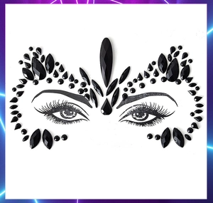 Close-up of black acrylic face gems in a teardrop and marquise pattern for forehead