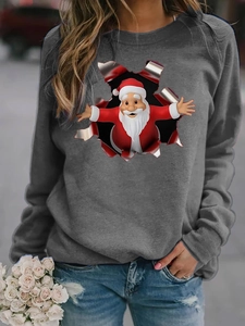 Detail of 3D Santa Claus print on gray long sleeve sweatshirt with creative hole effect
