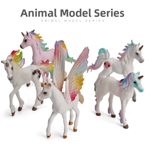 Detailed set of 5 rainbow unicorn and pegasus figurines with gold glitter accents
