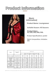 Detailed size chart for plus size red satin bathrobe with measurements from 1XL to 5XL