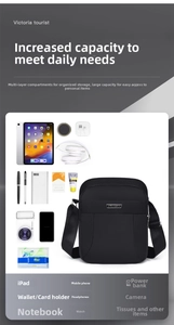 Detailed view of spacious black waterproof shoulder bag with multi-layer storage compartments