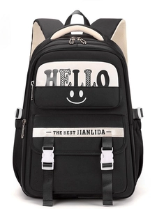Black and beige school backpack with HELLO print and large capacity for students