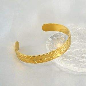 Wheat Ear Pattern Cuff Bracelet 18K Gold Plated Stainless Steel Adjustable Opening Bangle Fashion Vintage Jewelry