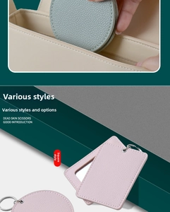 Detail of portable PU leather makeup mirrors in pink square and green round styles