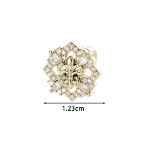 Elegant gold fleur-de-lis earrings with micro-set zircons and 1.23cm geometric frame