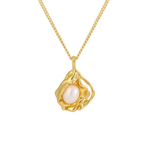 S925 sterling silver gold necklace with lava texture pendant and white pearl inlay