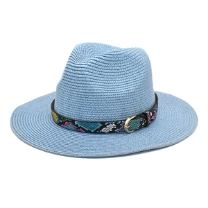 Detail of light blue fedora hat featuring colorful snake print band and gold metal buckle