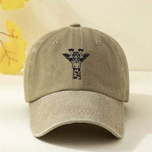 Unisex washed khaki baseball cap with a minimalist giraffe embroidery and cotton texture
