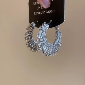 Detail of silver hoop earrings with densely set sparkling crystals on display card