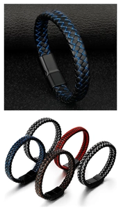 Detail of multi-color braided leather bracelets with titanium magnetic clasps