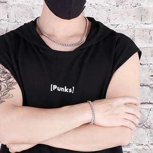 Silver stainless steel Cuban link chain necklace and bracelet set for men street style