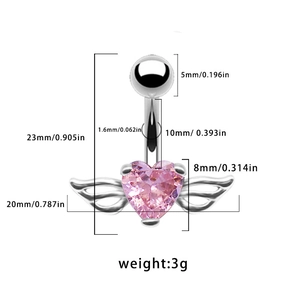 Spécifications détaillées de taille pour piercing nombril cœur rose avec ailes de 3g