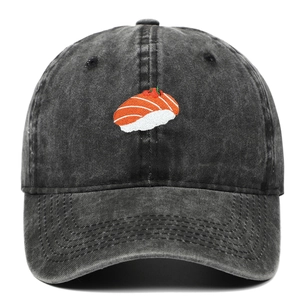 Washed dark gray baseball cap featuring creative salmon sushi embroidery on the front