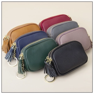 Genuine leather coin purses with tassels and gold keyrings in seven assorted colors