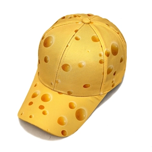 Bright yellow baseball cap with cheese hole pattern print and curved brim for casual wear