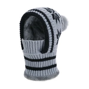 Winter knitted balaclava with Nordic snowflake pattern, fleece lining, and faux fur pompom