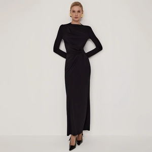 Women Ruched Maxi Dress Long Sleeve Slim Fit Bodycon Solid Color Sexy Party Evening Elegant Dress