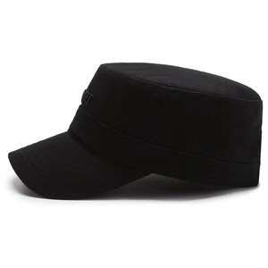 Black cotton flat top military cap featuring tonal SPORT embroidery in a side profile view
