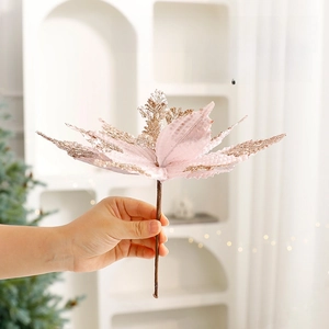 Pink velvet Christmas flower pick with gold glitter edges for tree decoration