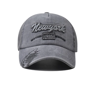 Gray washed cotton baseball cap with New York embroidery and shark pattern on brim