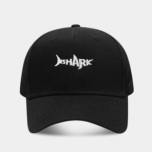 Klassische schwarze Baumwoll-Baseballkappe mit weißem SHARK-Hai-Stickerei auf der Vorderseite