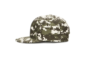 Detail view of cotton flat brim baseball cap featuring a pixelated camo tactical pattern