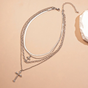 Silver multi-layer layered necklace with cross pendants and flat snake chain for women