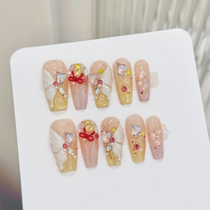 Handmade Long Coffin Press On Nails 3D Butterfly Red Bow Rhinestone Artificial Pearl Cat Eye Pink Gradient Fake Nails