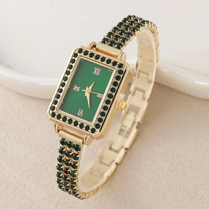 Montre à quartz dorée pour femme avec cadran vert soleil et sertie de strass brillants