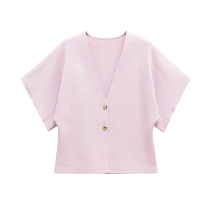 Detail of pink knit cardigan showing deep V-neck, golden buttons and ribbed texture