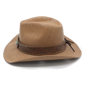 Detail of straw cowboy hat featuring embossed leather band with turquoise stud