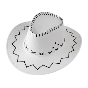 Detailed close-up of white cowboy hat featuring black decorative stitching and felt texture
