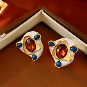 Vintage Enamel Geometric Stud Earrings For Women With 925 Sterling Silver Earring Post Retro Alloy Court Style