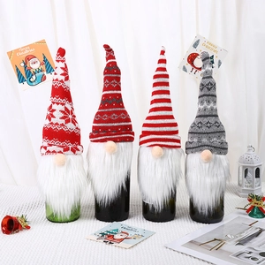 European Christmas Wine Bottle Covers Faceless Gnome Knit Hat Decorative Bottle Sleeves Red Grey White Snowflake Xmas Decor