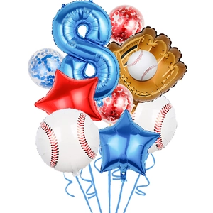 Macro detail of number 8 and baseball glove foil balloons for party decoration