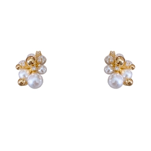 French vintage style earrings with gold metal balls, white pearls and clear zircons