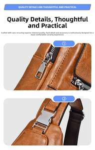 Detail view of smooth metal zipper and high-quality adjustable buckle on brown leather bag