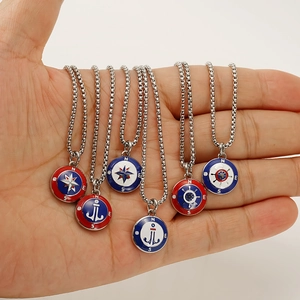 Stainless steel nautical anchor and compass pendant necklaces with red and blue enamel